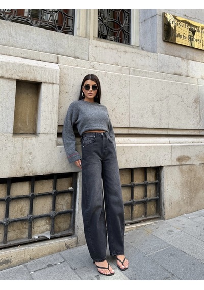 Out Of Standart Kadın Barrel Leg Normal Bel Düz Paça Jean Pantolon Antrasit