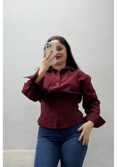 Belendir Kadın Poplin Korse Detaylı Gömlek Bordo