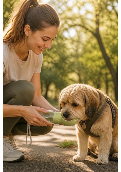 Taşınabilir Köpek Ve Kedi Su Ve Mama Kabı, Seyahat Ve Yürüyüş İçin 2 Bölmeli Evcil Hayvan Su Şişesi Ve Mama Haznesi, 350 Ml, Sarı