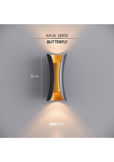 FoneLight Butterfly 22 cm Siyah Altın Alüminyum LED Duvar Apliği IP65 Dış Mekan Bahçe Balkon Teras Villa Cephe Aydınlatması 3000K