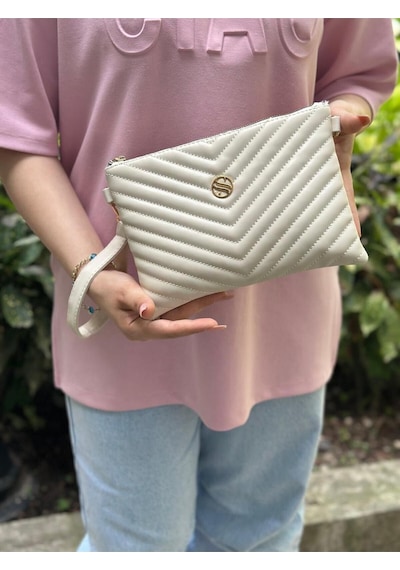 Kadın Suni Deri Krem Renkli Ayarlanabilir Çapraz Ve El Askılı Portföy, Clutch Çanta Krem