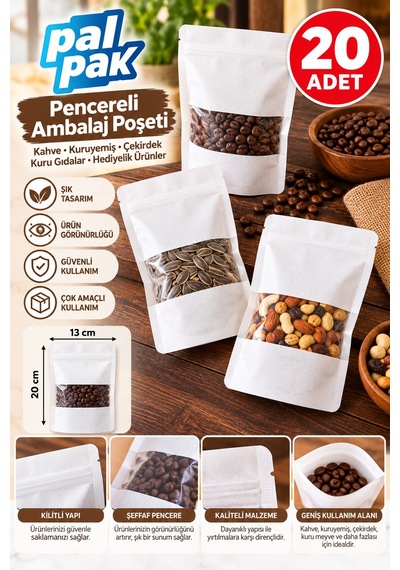 Pencereli Kilitli Poşet Kahve, Kuruyemiş Ve Gıda Ambalajı 13x20+7,5 Cm 20 Adet