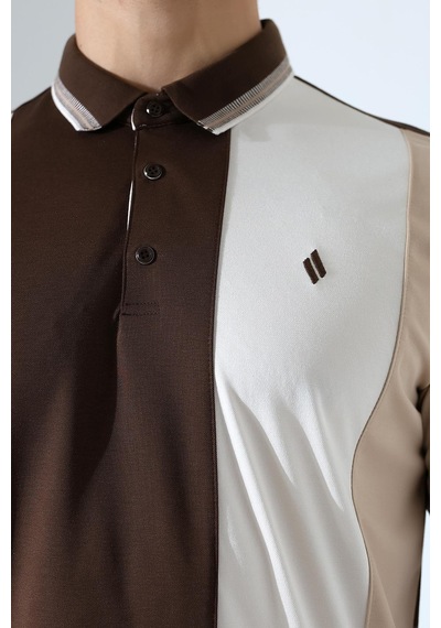 Rıbana Classıc Erkek Çizgili Şerit Detaylı Pamuklu Polo Yaka T-shirt Kahverengi