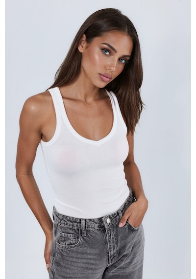 Hiccup Busem V Yaka Ribanalı Tank Top Beyaz