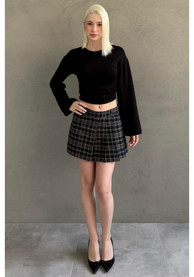 Madmext Siyah %100pamuklu Ekose Desen Pileli Mini Şort Etek Mg2629 Siyah
