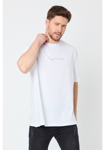 Comeor Erkek Beyaz Baskılı Basic Oversize Bisiklet Yaka Kısa Koll Beyaz