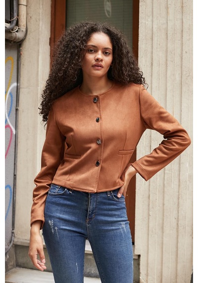 Kadın Esnek Süet Kumaş Sıfır Yaka Flato Cepli Uzun Kol Blazer Ceket-taba Taba