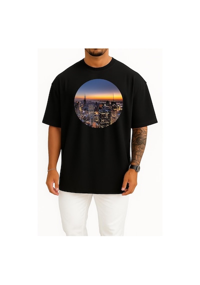 Bahriyeli Collection Oversize Los Angeles Şehir Merkezi Göğüs Tasarımlı Unisex T-shirt SIYAH