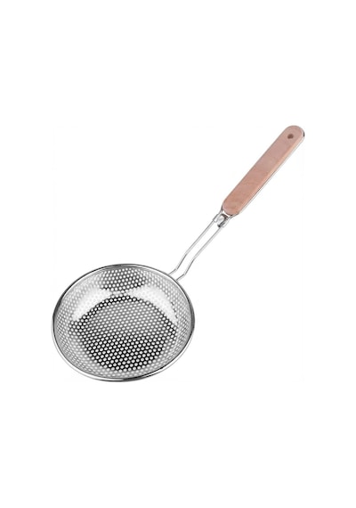 Ahşap Saplı Uzun Kulplu Çelik Kevgir Paslanmaz Metal Süzgeç, Derin Gövdeli, Ergonomik Tasarım, Isıya Dayanıklı, Mutfak Gereci 14 Cm Çok Renkli