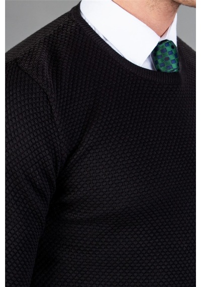Tudors Slim Fit Dar Kesim Bisiklet Yaka Petek Desenli Erkek Kazak-1959 Siyah