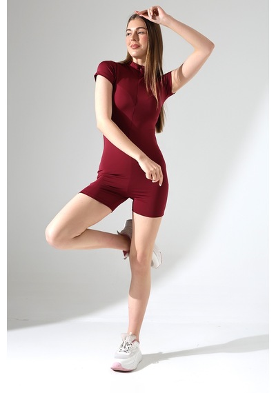 Winmoda34 Kadın Deniz Tulumu Kısa Kollu Önden Fermuar Detaylı Bordo