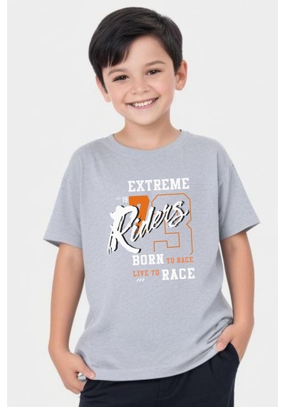 Panios Kids Extreme Riders Baskılı Erkek Çocuk Yuvarlak Yaka Kısa Kollu T-shirt Gri