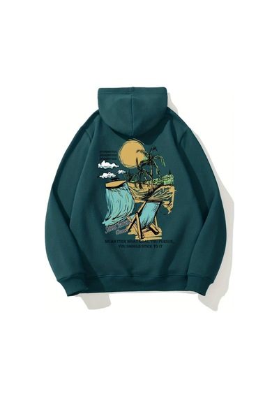 Medinenur Beach Baskılı Kapüşonlu Sweatshirt Yeşil