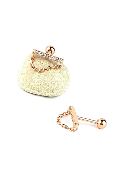 925ayar Gümüş Rose Zirkon Taşlı Zincirli Tragus Kıkırdak Piercing Altın