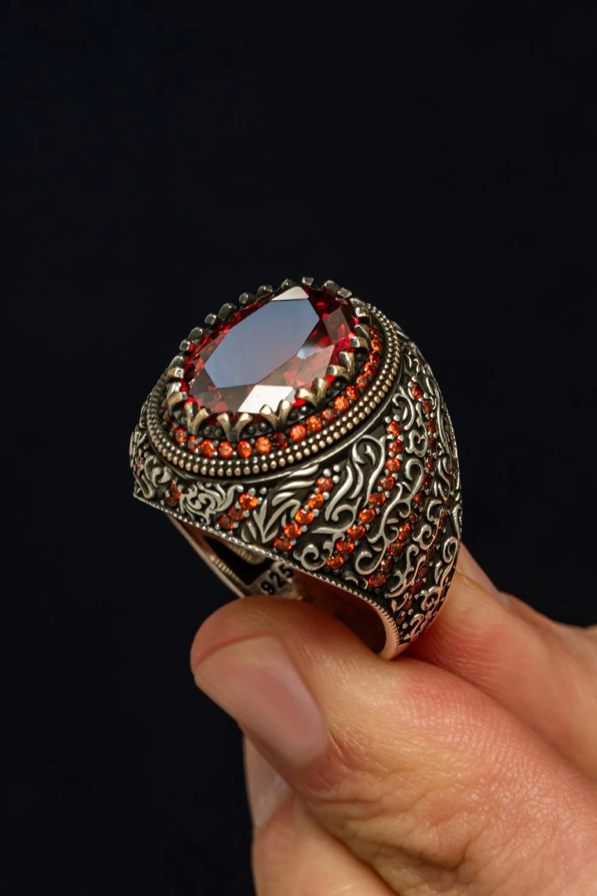 Oval Kırmızı Taşlı 925 Erkek Gümüş Yüzük Gümüş