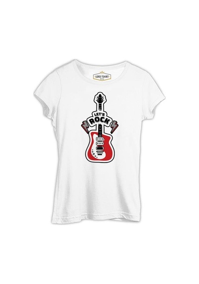 Let's Rock Red Guitar Beyaz Kadın Tshirt 001