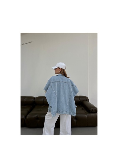 Kene Jeans Kadın Buz Kar Panço Oversize Kot Yelek Mavi