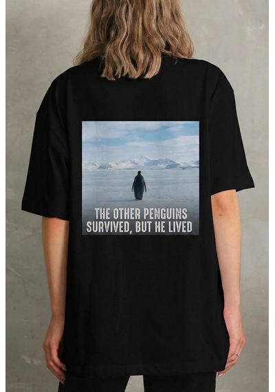 Kadın T-shirt Penguen Baskılı Bisiklet Yaka Kısa Kol Yazlık Tişört - Siyah