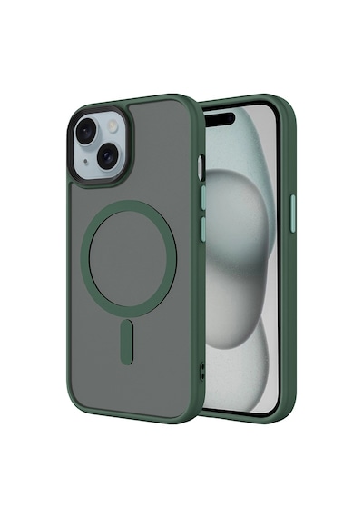 Apple iPhone Uyumlu 15 Plus Kılıf Mat Arka Yüzey Wireless Şarj Özellikli Zore Flet M-safe Kapak Koyu Yeşil