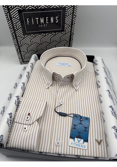 Slim Fit Uzun Kol Premium Çizgili Yaka Düğmeli Hediye Kutulu Erkek Gömlek Fs-004440 - Bej-3182