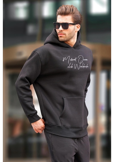 Madmext Siyah Kapüşonlu Cep Detaylı Baskılı Erkek Sweatshirt 7064-siyah Siyah