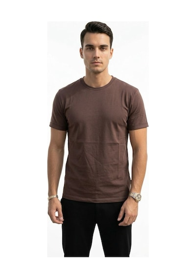 Plus Scorpion T02 Kol Katlama Erkek Slim Fit Basic Tişört Bisiklet Yaka, Düz Kumaş, Yazlık Model Kahverengi