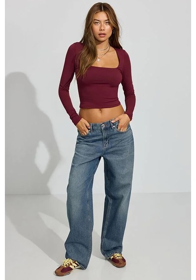 Seeh Bordo Kare Yaka Uzun Kollu Kadın Body Sh206