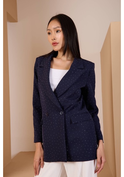 Lacivert Regular Dokuma Astarlı Taş Detaylı Blazer Ceket Lacivert
