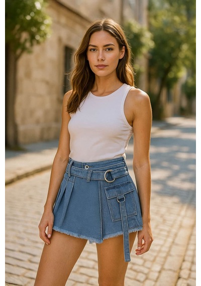 Blue White Kadın Yüksek Bel Kemerli Jean Şort Etek Siyah Blue White Kadın Yüksek Bel Kemerli Jean Şort Etek Siyah