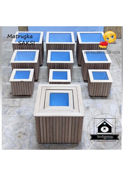 Yalıtımlı - Matruşka 3'lü Ahşap Saksı - Dekoratif Özel