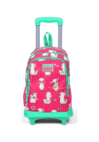 Coral High Kids Neon Mercan Su Yeşili Alpaka Desenli Üç Bölmeli Çekçekli Okul Sırt Çantası 23364