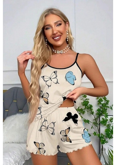 Bella Notte 2 Parça Kelebek Baskılı Şortlu Pijama Takımı Bej