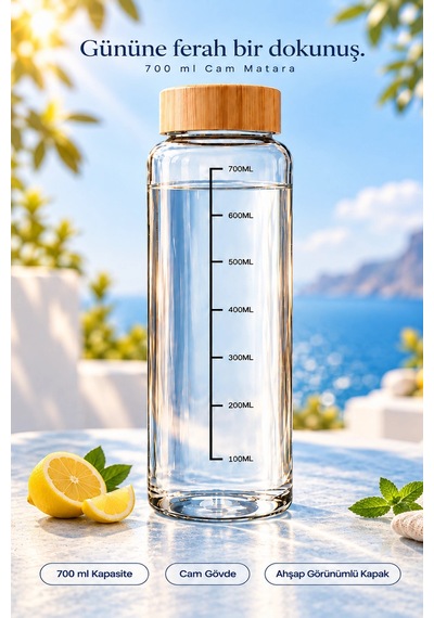 Tilbe Home Bambu Kapaklı Cam Matara Sporcu Suluğu Taşınabilir Su Şişesi 700 Ml Vakumlu Suluk Şeffaf