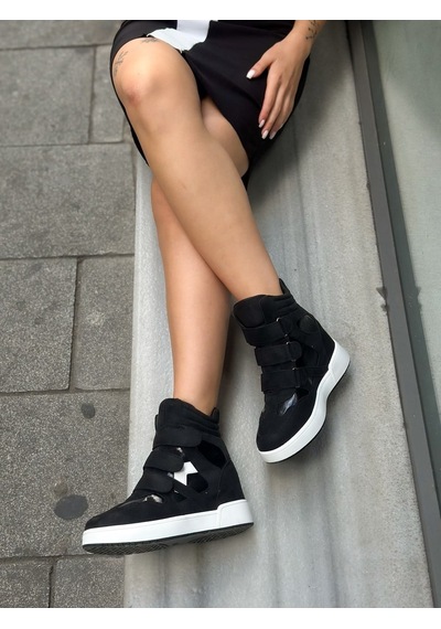 Erva'nın Butiği Siyah Süet İsabe Gizli Topuk Dolgu Topuk 7 Cm Boy Uzatan Sneakers-6446