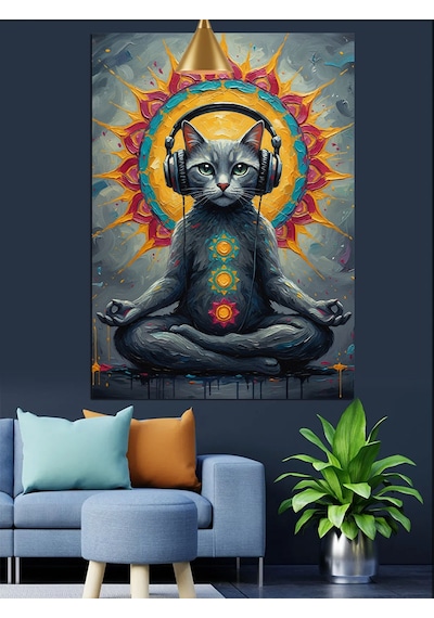Meditasyon Yapan Kulaklıklı Kedi Dekoratif Kanvas - Mdf Ahşap Tablo