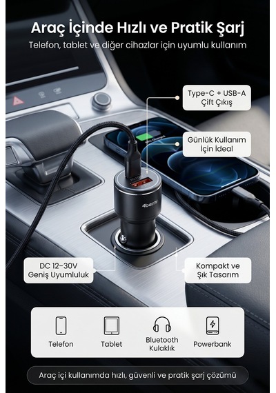 Bs02 Pd48w Dual Port Araç Şarj Cihazı Type-c Pd30w + Usb-a Qc3.0 48w Hızlı Şarj Adaptörü