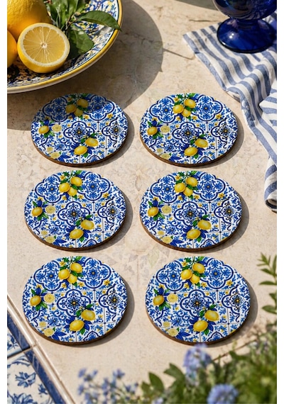 Motifli Ve Limon Desenli Bardak Altlığı 6 Lı Set 9 Cm Mdf Çok Renkli