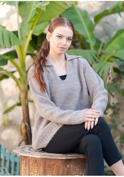 Gömlek Yaka Oversize Basic Kazak Vizon