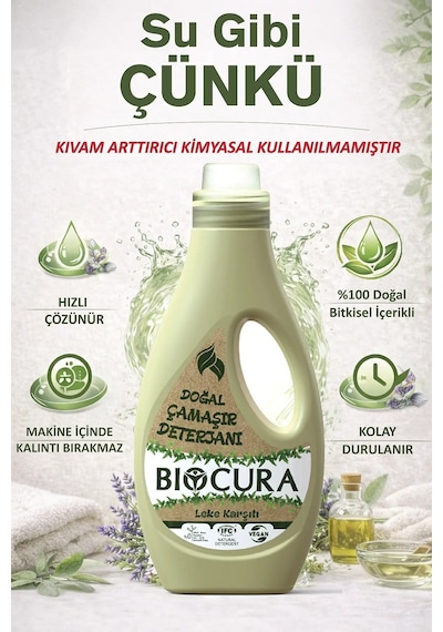 Biocura %100 Doğal Sertifikalı Bitkisel İçerikli Leke Çıkarıcı Çamaşır Deterjanı 1 L