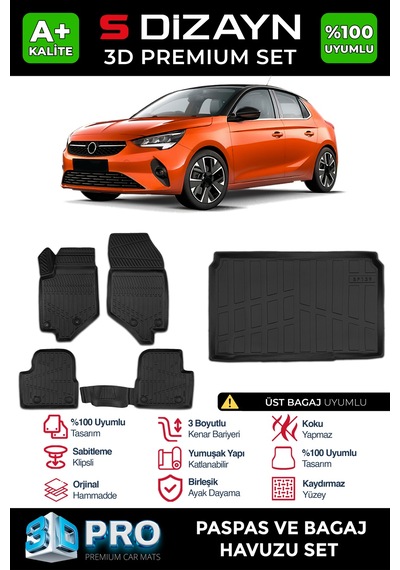 S-dizayn Opel Corsa F 3d Pro Havuzlu Paspas Ve Üst Bagaj Havuzu Seti 2'li Set 2019 Üzeri A+ Kalite