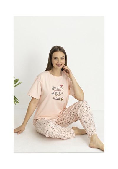 Estiva Kadın Kalp Alt Desenli Somon Penye Lycra Kısa Kollu Pijama Takımı Çok renkli