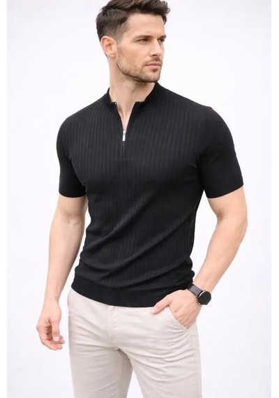 Erkek Kısa Kol Fitilli Triko T-shirt Yazlık Hakim Yaka Tişört - Siyah