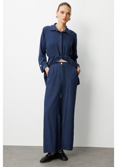 Mizalle Geniş Paça Beli Lastikli İndigo Mavi Cupro Pantolon Indigo