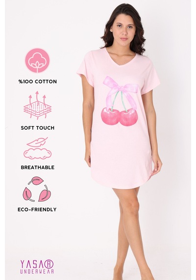 Yasar Underwear Kiraz Baskılı %100 Pamuk Gecelik Pembe Pembe