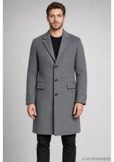 Freemen Erkek Slim Fit Klasik Yaka 3 Düğmeli Uzun Kaşe Kaban-425 Antrasit