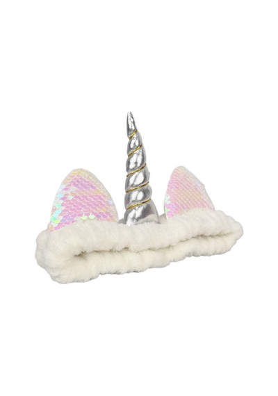 Unicorn Peluş Bandana Makyaj Saç Bandı Beyaz Gümüşi Boynuzlu Gümüş
