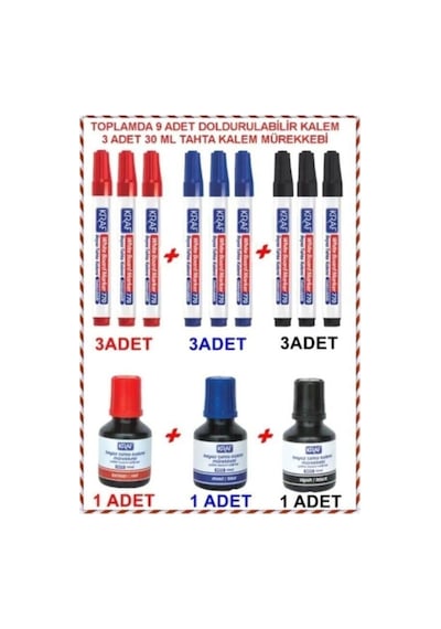 Kraf Tahta Kalemi770 3 Siyah + 3 Mavi+ 3 Kırmızı + Mürekkep Set