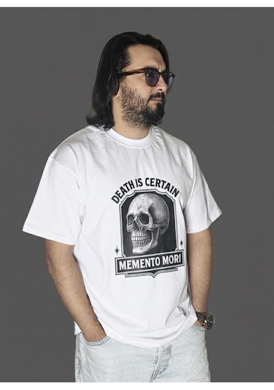 Dark Line Memento Mori Sırt Baskılı %100 Pamuk Unisex Beyaz Oversize T-shirt Beyaz