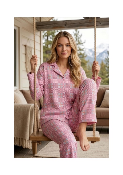 Pijamoni Kadın Süet Kumaş Önü Düğmeli Uzun Kollu Pijama Takımı Pembe Kare Desenli