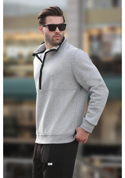 Madmext Gri Dik Yaka Yarım Fermuarlı Sweatshirt 7079 Gri